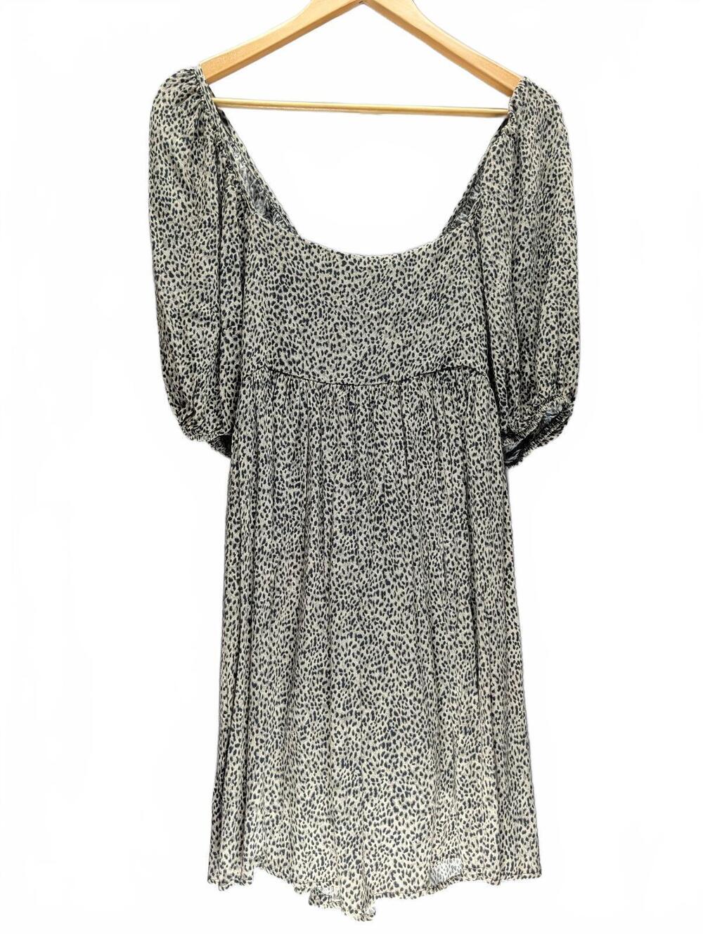 Puff Sleeve Midi Dress with Leopard Print and Lace-Up Back